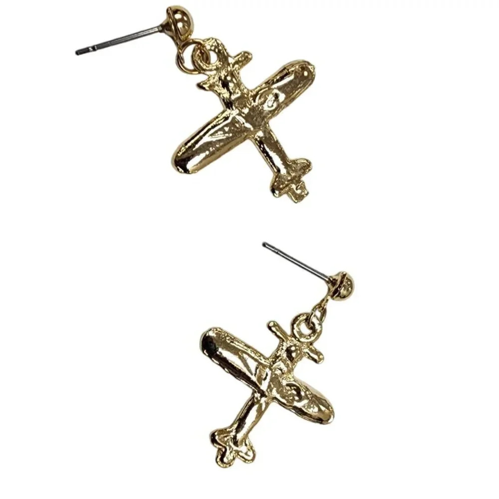 Vintage 60s-70s Airplane Pave Rhinestone Dangle Drop Earrings Gold Tone - Picture 2 of 2